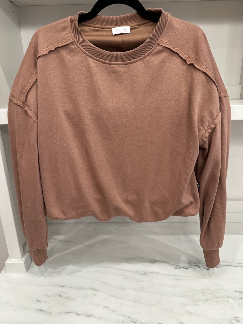 Pink Lily small brown Crewneck bubble  hem Sweatshirt.  Like new
